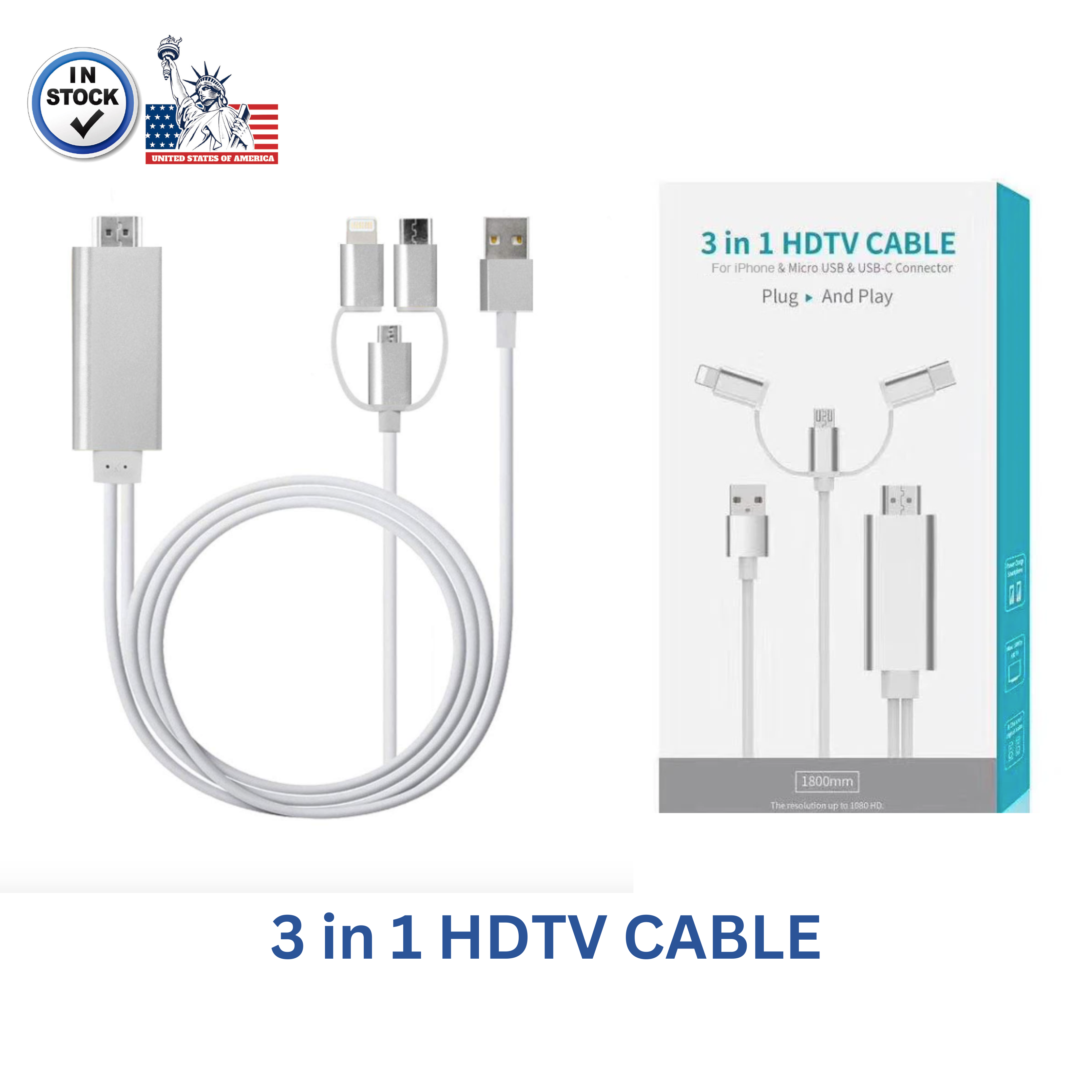 3 in 1 HDTV to iPhone/ Micro USB/ Type c with 6ft Cable (OT-7537)