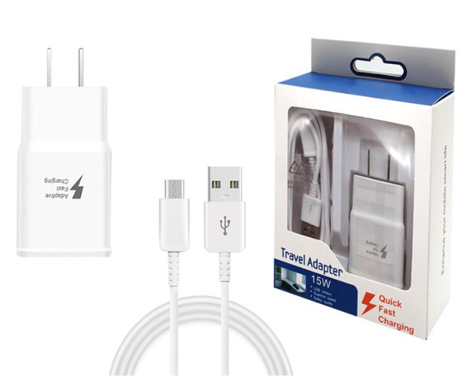 2 in 1 - 15W Fast Adapter with 3ft / 6ft  Micro USB Cable (White Packaging)