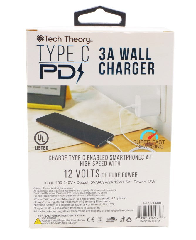 Tech Theory- USB Type- C 3A Wall Charger (12 Volt Of Power)