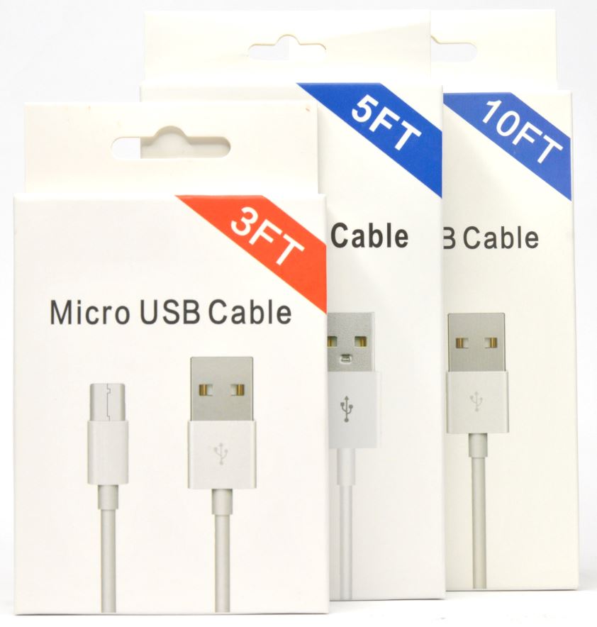 MicroUSB Cable - 3ft/ 5ft/ 10ft (White Package w/ Blue Corner)