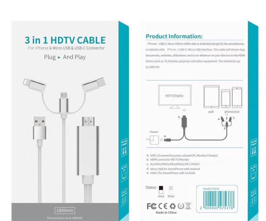 3 in 1 HDTV to iPhone/ Micro USB/ Type c with 6ft Cable (OT-7537)