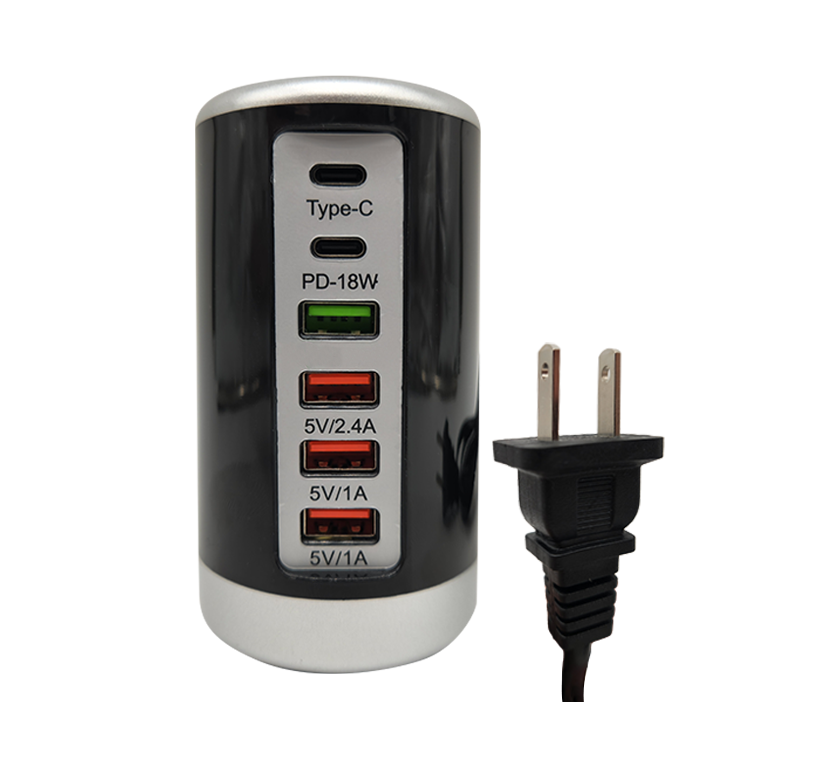 6 Port 65W Multifunctional USB Charger Power Adapter (2 Type-C + 4 USB, Round Cylindrical)